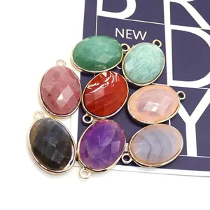 Natural stone oval faceted agate pendant gold plated DIY jewelry making charm accessories