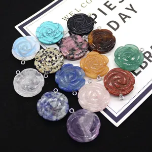Natural stone carved rose flower pendant for DIY necklace jewelry making accessories main item
