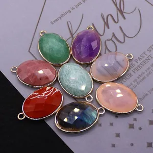 Natural stone oval cut gemstone pendants DIY jewelry making charms electroplated findings 1pcs