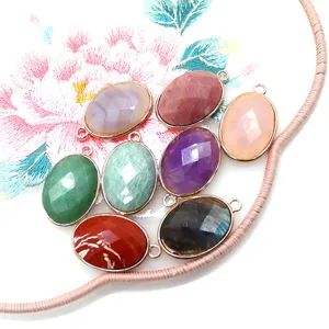 Natural stone oval faceted agate pendant gold plated charm DIY jewelry accessories
