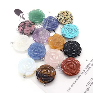 Natural stone carved rose pendant DIY necklace jewelry accessories multi color gemstone charms