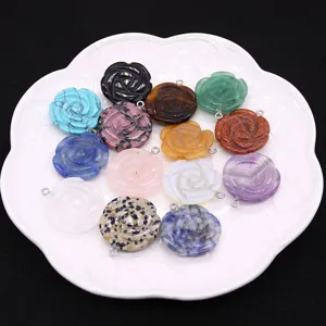 Natural stone carved rose flower pendant charms for DIY jewelry making necklaces and accessories