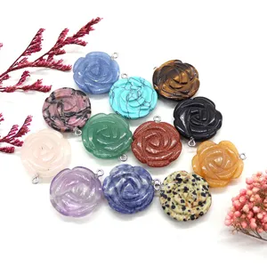 Natural gemstone carved rose flower pendants charm for DIY necklace jewelry making accessories