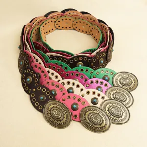 Bohemian style women round piece leather belt retro turquoise decorative dress waist belt