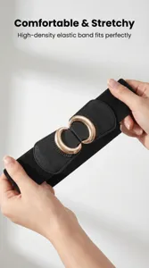 Nahaufnahme Details des schwarzen elastischen Taillengürtels mit goldenen Ringen für Kleider.