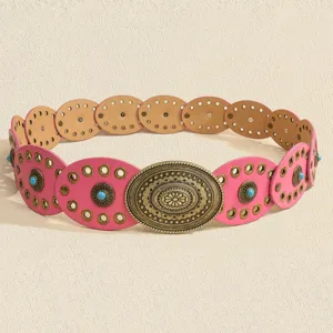 Retro bohemian women's belt with pink oval links, antique bronze buckle and turquoise stones.