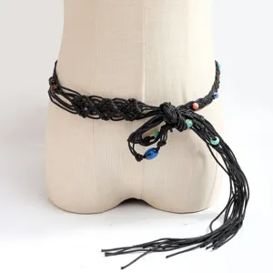 Bohemian handmade black woven rope belt with colorful beads ethnic waist chain for dresses