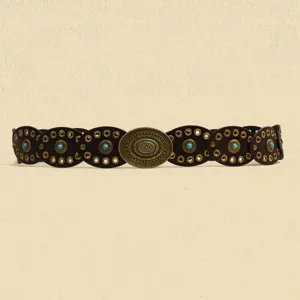 Bohemian style women retro waist belt with turquoise inlay and metal buckle for dress.