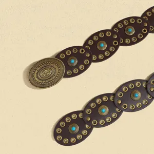Bohemian women's leather belt with oval panels, turquoise stones, and detailed vintage metal buckle.