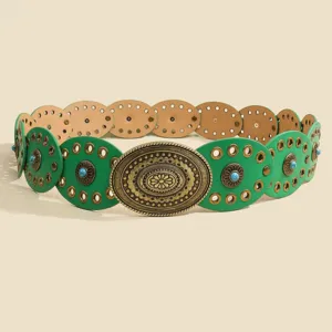 Bohemian turquoise women belt vintage green leather oval metal buckle dress accessory