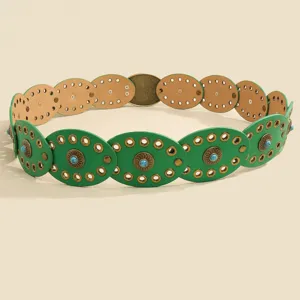 Detail view of bohemian style women belt featuring green oval leather pieces and turquoise stones.