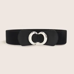 Damen schwarzer breiter elastischer Taillengürtel mit silberner doppelter Ring-Metallschnalle.