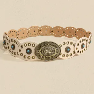 Detailed close-up shot of bohemian turquoise oval leather belt with vintage metal buckle.