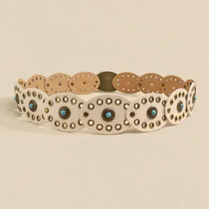 Boho turquoise oval disc women dress belt detail, vintage leather waist accessory.