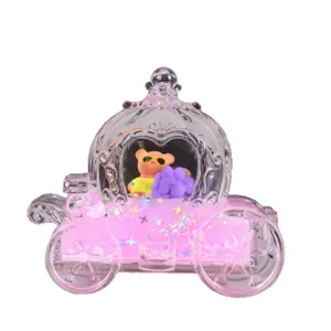 Pink acrylic carriage liquid quicksand desktop ornament with cute bear and glitter.