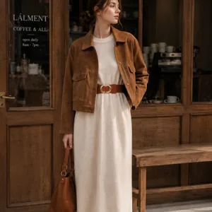 Details des Damen Strickkleids mit brauner Wildlederjacke und Taillengürtel im Vintage-Ambiente.