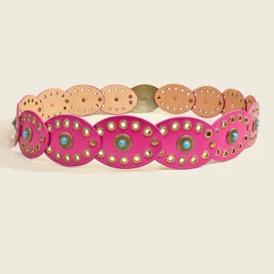 Bohemian pink oval leather belt with turquoise stones and metal eyelets for women dress