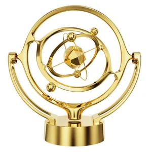 Golden kinetic sculpture detail, showing complex rotating rings and central polyhedron.