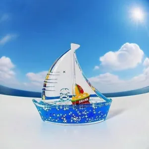 Vloeibaar zeilboot drijfles ornament bureaudecoratie, blauw quicksand vloeistof ontwerp.
