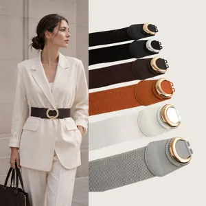 Damen Breite Elastische Gürtel PU-Leder Metall Doppelring-Schnalle Dehnbarer Gürtel Für Kleider Mode Taillengürtel