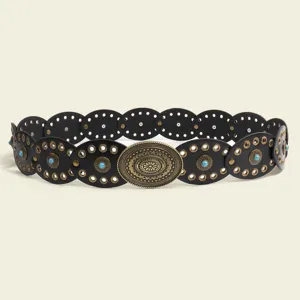 Bohemian black leather belt with turquoise stones and ornate metal buckle for women dresses.