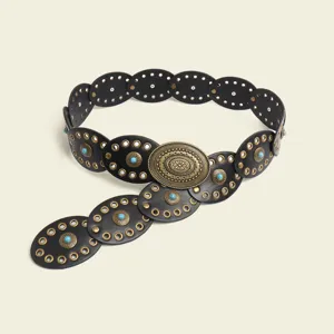 Bohemian black leather waist belt with turquoise stones and retro metal buckle for women dress.