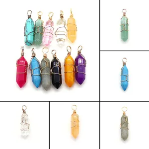 Colgante de Columna Hexagonal de Piedra Natural Envuelto en Alambre de Cobre Dijes de Punta de Cristal para Fabricación de Joyas de Collar DIY