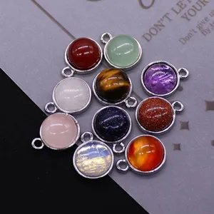 Round natural stone gemstone pendants silver plated DIY charm jewelry necklace accessories