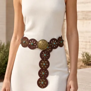 Retro Western PU Leather Corset Belt For Women Baroque Engraved Alloy Round Buckle Turquoise Patchwork Wide Waist Belt Jewelry Gift