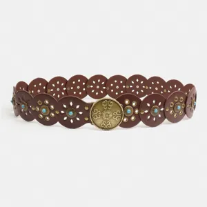 Western vintage brown leather disc waist belt with turquoise stones and carved metal buckle.