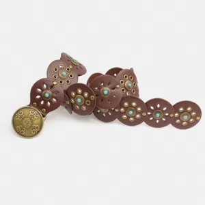 Western style retro brown leather belt with disk splicing and turquoise detail for women detail