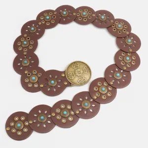 Western style retro turquoise round disc spliced waist belt baroque fashion metal buckle belt.