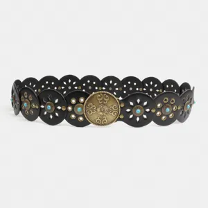 Vintage western style black leather waist belt with metal disc buckles and turquoise stones.