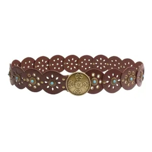 Western style retro brown leather concho waist belt with vintage brass buckle and turquoise stones.