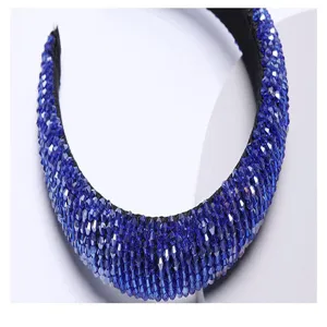 Blue crystal rhinestone wide headband luxury baroque hair hoop fashion accessory for women