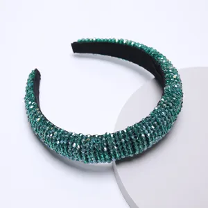 Dark green crystal embellished wide sponge headband Baroque rhinestone hair hoop main view