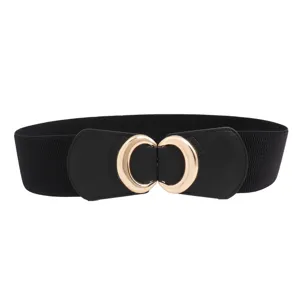 Breiter Damen Stretch Taillengürtel mit goldenem Doppelring Schnalle für Kleider Mode.
