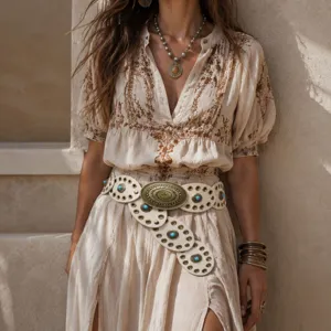 Bohemian turquoise studded leather belt detail shot, vintage multi-disc waist accessory for women.