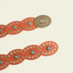 Bohemian style women round piece leather belt with turquoise metal floral buckle decorative detail