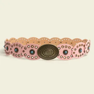 Bohemian pink circle disc leather belt with vintage turquoise oval buckle for women dress.