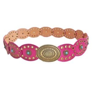 Bohemian womens retro round piece waist belt with turquoise inlay and metal buckle for dress
