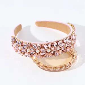 Baroque pink crystal rhinestone headband with faux pearls, elegant floral hair accessory for women.