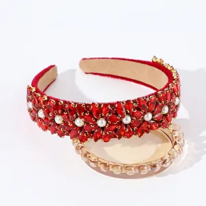 Red velvet rhinestone headband detail, crystal flower pearl hair accessory for women.