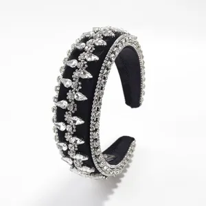 Detailed view of black velvet rhinestone headband, baroque crystal luxury hair hoop for women.