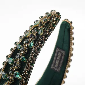 Luxurious green velvet rhinestone headband baroque style thick crystal hair hoop accessory