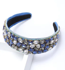 Luxury blue rhinestone wide headband, sparkly crystal fashion hair hoop for women chic.