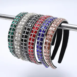 Baroque Vintage Double Row Square Rhinestone Headband Elegant Sparkly Gem Hair Accessories For Women Party Banquet Wedding Hairband