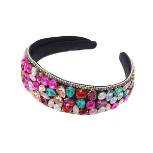 Chic wide crystal rhinestone headband for women, colorful luxury fashion hair accessories.