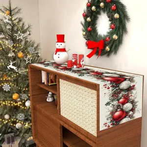 Camino de mesa de Navidad de lino decoracion festiva bayas rojas estampado con piñas