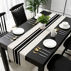 Modern Minimalistisch Linnen Tafelloper Zwart En Wit Geometrisch GestreEpt Ruitjes Tafelkleed Voor Eetkamer Woondecoratie